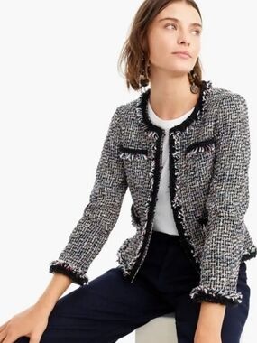 J. Crew Lady Metallic Tweed Fringe Black Rainbow Jacket - Size 10